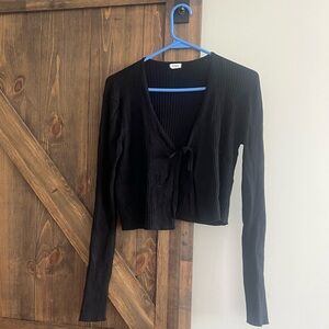 Garage Black Long Sleeve Tie Front Ribbed Knit Sweater Top